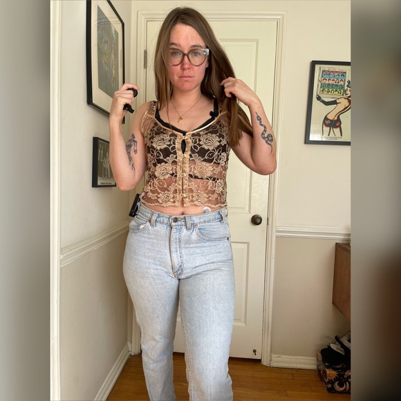 Vintage Tops - 90s/ Y2K Vintage Sheer Gold Lace Crop Top